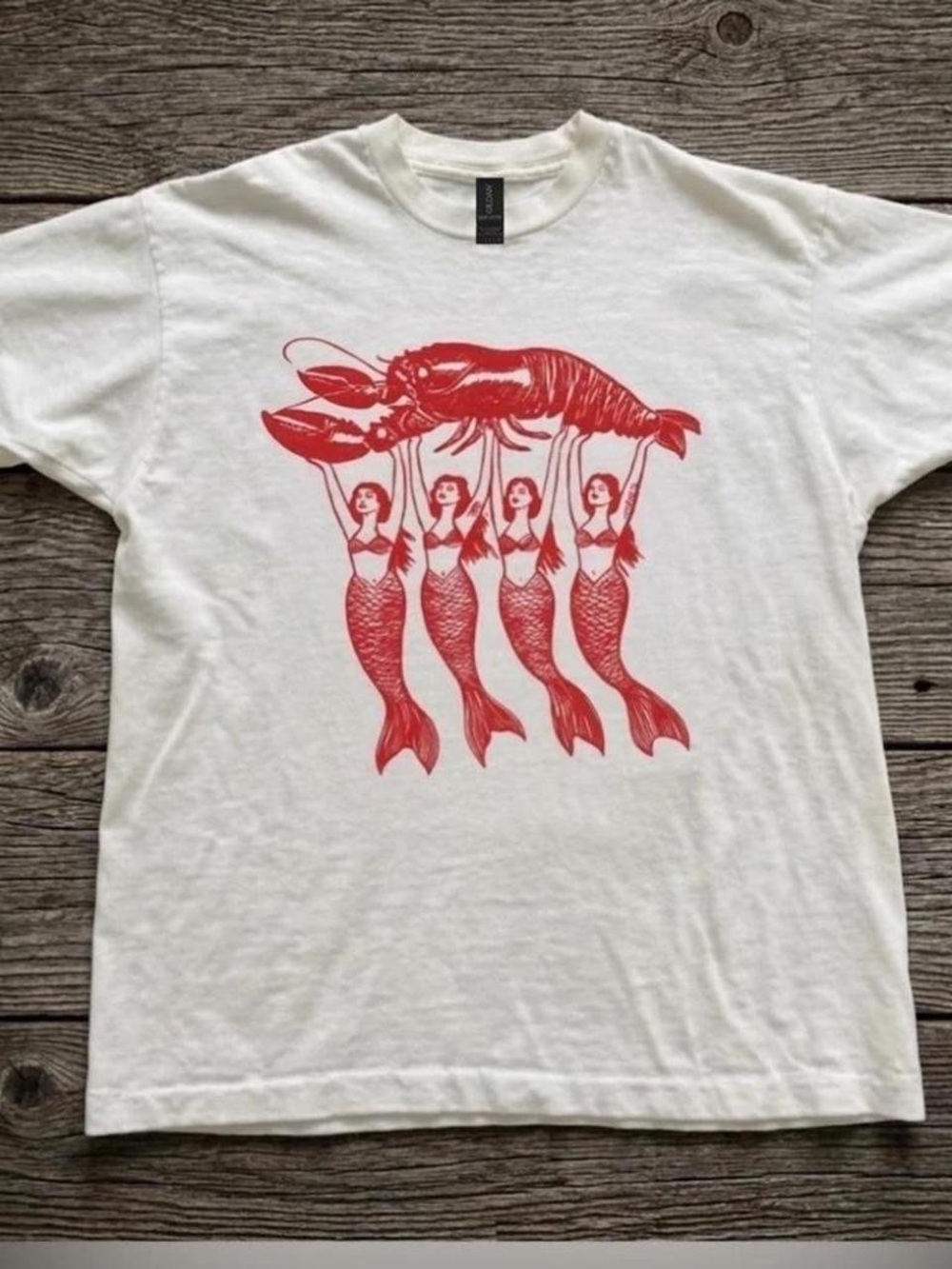 Gildan White Tee with Red Lobster & Mermaids Graphic